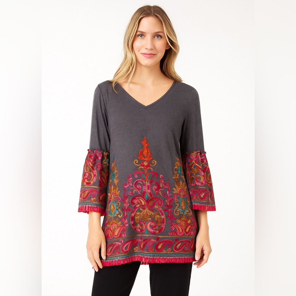Embroidered V-Neck Tunic Top in Charcoal with Multicolor Paisley